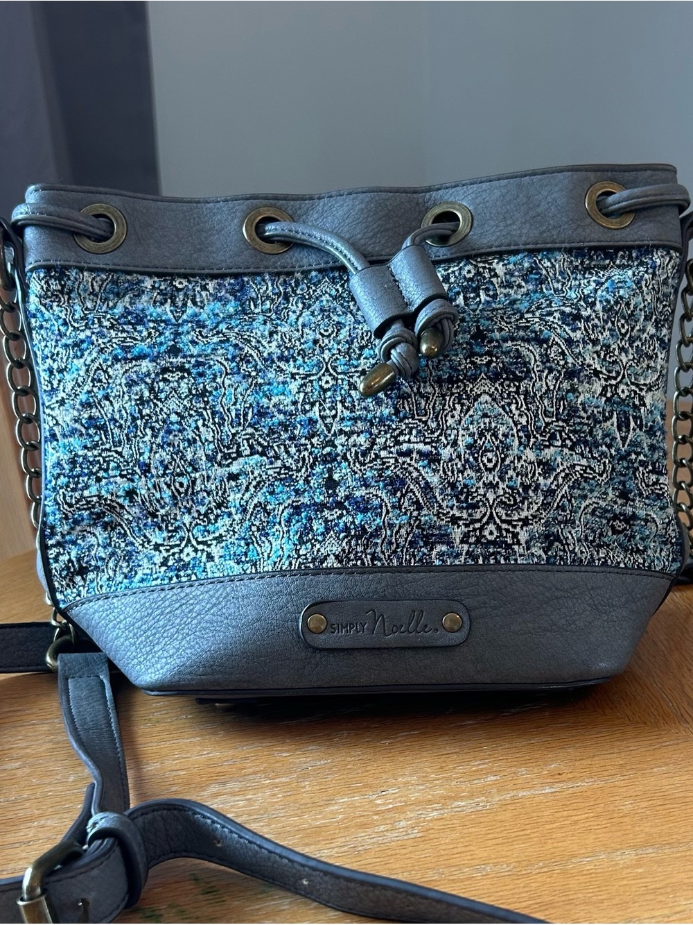 Simply Noelle Blue & Gray Patterned Bucket Bag - Boho Chic Vintage Tapestry